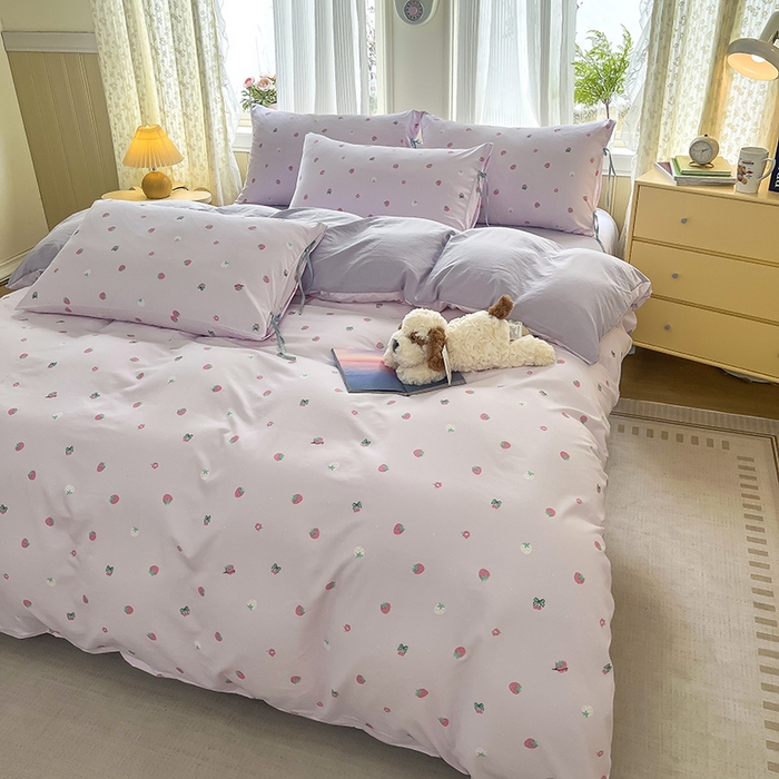 91家纺网 家纺一手货源 找家纺 帛洵家纺 2026新款110g超柔水洗宝宝有氧仿棉四件套（提供买家秀） 草莓多多-粉