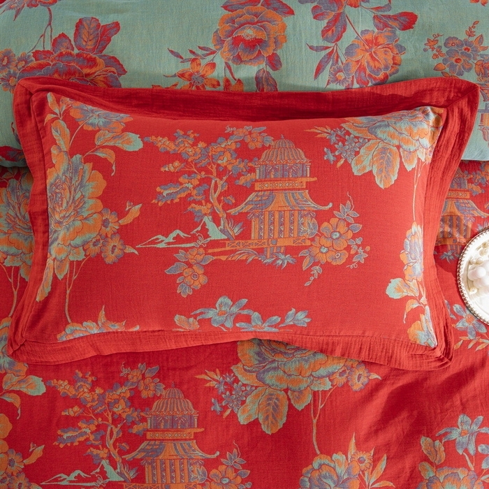 91家纺网 家纺一手货源 找家纺 双层纱家居 2026新款全棉纯棉色织提花拼角飞边款四件套 英伦城堡-正红