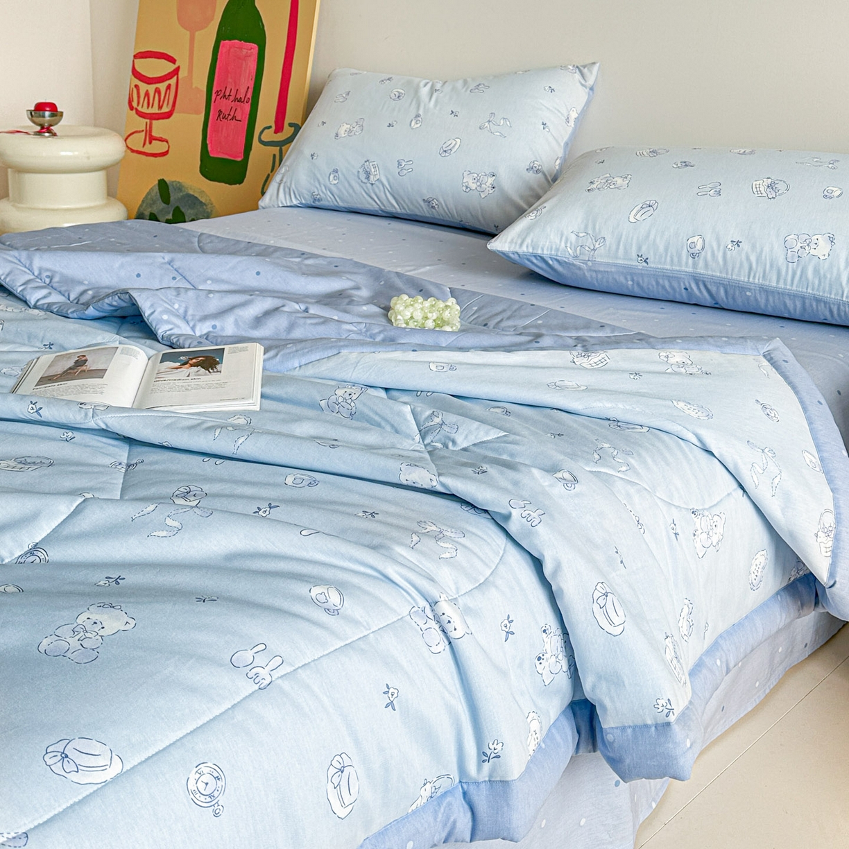 91家纺网 家纺一手货源 找家纺 梵克保罗 2026春夏新款10A抗菌全棉印花夏被被子被芯空调被四件套 布偶小熊