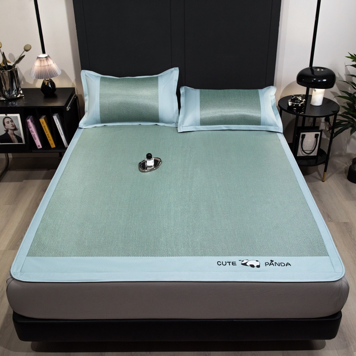 91家纺网 家纺一手货源 找家纺 倾慕家纺 2026新款A类刺绣冰藤席--床笠款 刺绣熊猫绿色床笠款