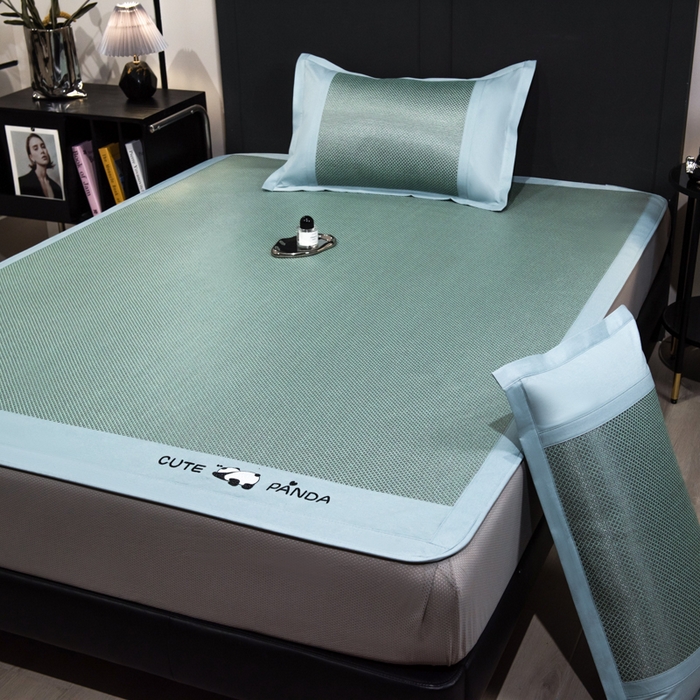 91家纺网 家纺一手货源 找家纺 倾慕家纺 2026新款A类刺绣冰藤席--床笠款 刺绣熊猫绿色床笠款