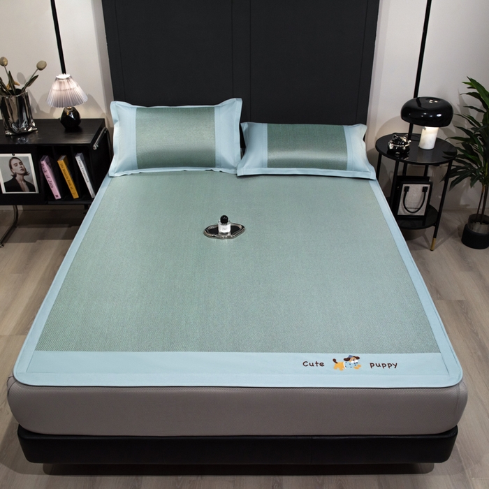 91家纺网 家纺一手货源 找家纺 倾慕家纺 2026新款A类刺绣冰藤席--床笠款 刺绣小狗绿色床笠款