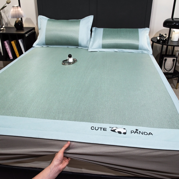 91家纺网 家纺一手货源 找家纺 倾慕家纺 2026新款A类刺绣冰藤席--床笠款 刺绣熊猫绿色床笠款