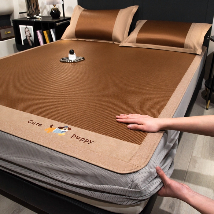 倾慕家纺 2026新款A类刺绣冰藤席--床笠款 刺绣小狗棕色床笠款