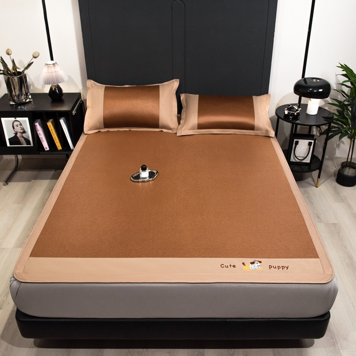 91家纺网 家纺一手货源 找家纺 倾慕家纺 2026新款A类刺绣冰藤席--床笠款 刺绣小狗棕色床笠款