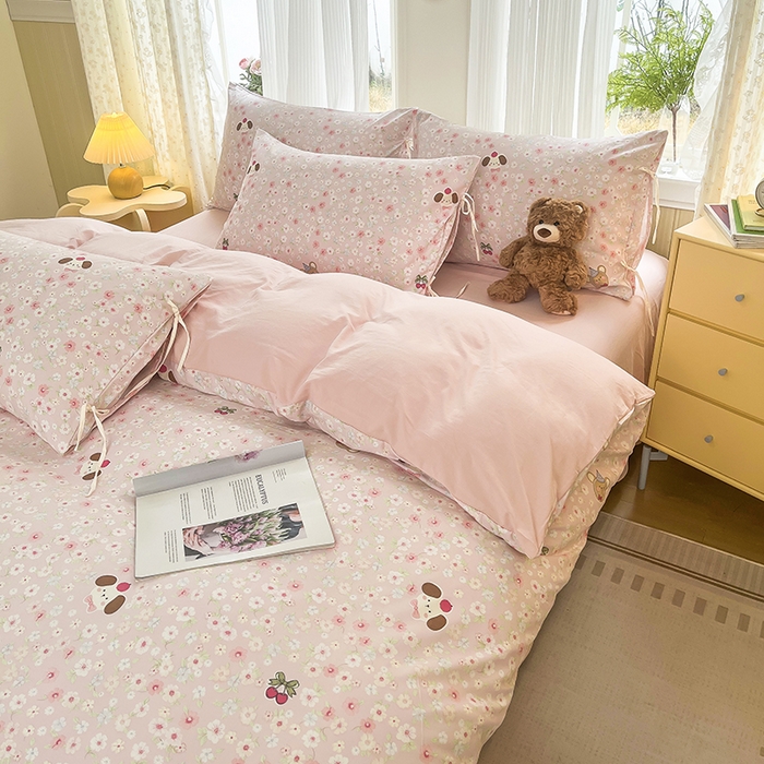 91家纺网 家纺一手货源 找家纺 帛洵家纺 2026新款110g超柔水洗宝宝有氧仿棉四件套（提供买家秀） 春田花花-粉