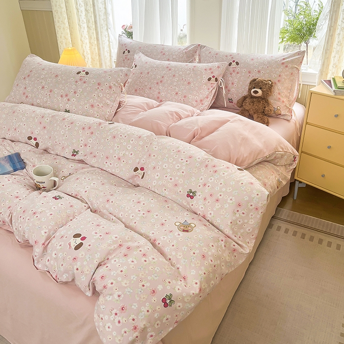 91家纺网 家纺一手货源 找家纺 帛洵家纺 2026新款110g超柔水洗宝宝有氧仿棉四件套（提供买家秀） 春田花花-粉