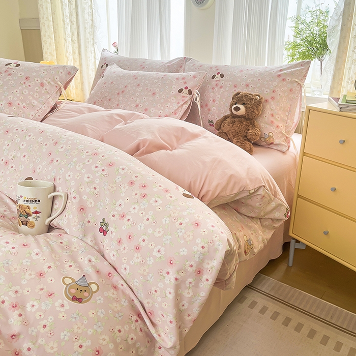 91家纺网 家纺一手货源 找家纺 帛洵家纺 2026新款110g超柔水洗宝宝有氧仿棉四件套（提供买家秀） 春田花花-粉