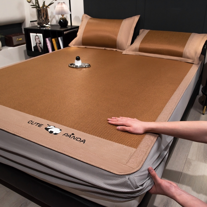 倾慕家纺 2026新款A类刺绣冰藤席--床笠款 刺绣熊猫棕色床笠款