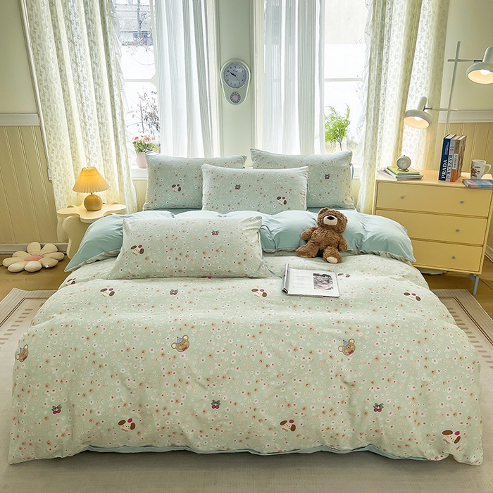 91家纺网 家纺一手货源 找家纺 帛洵家纺 2026新款110g超柔水洗宝宝有氧仿棉四件套（提供买家秀） 春田花花-绿