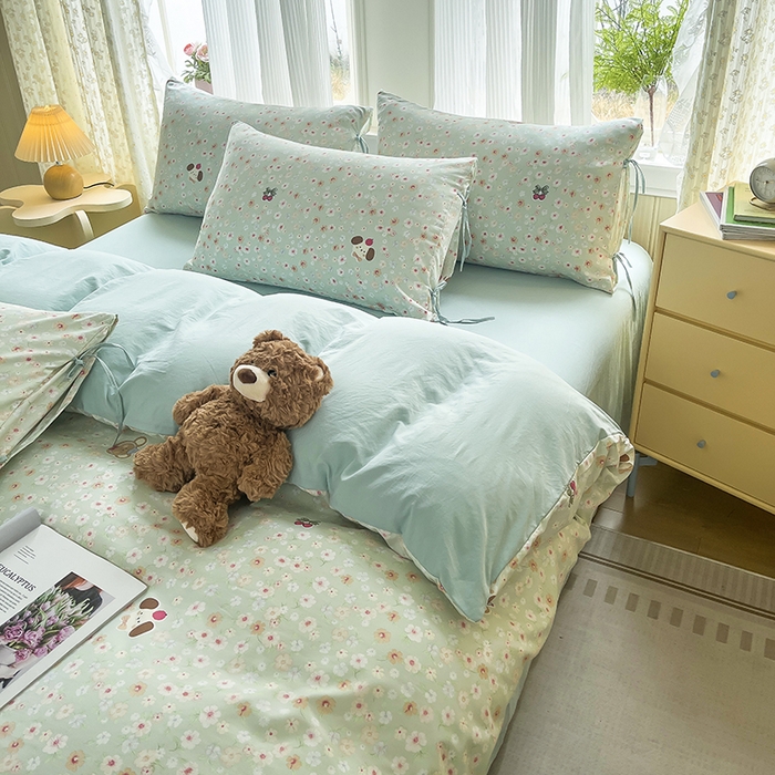 91家纺网 家纺一手货源 找家纺 帛洵家纺 2026新款110g超柔水洗宝宝有氧仿棉四件套（提供买家秀） 春田花花-绿