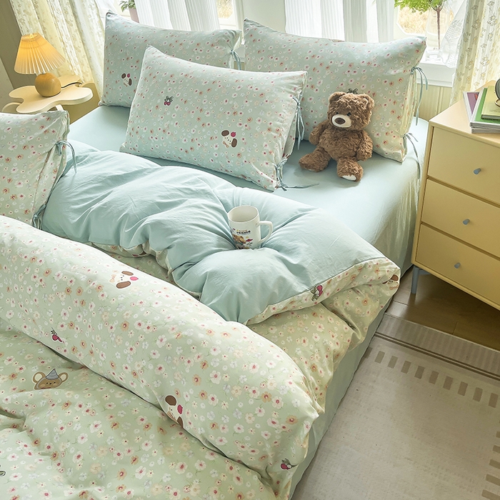 91家纺网 家纺一手货源 找家纺 帛洵家纺 2026新款110g超柔水洗宝宝有氧仿棉四件套（提供买家秀） 春田花花-绿