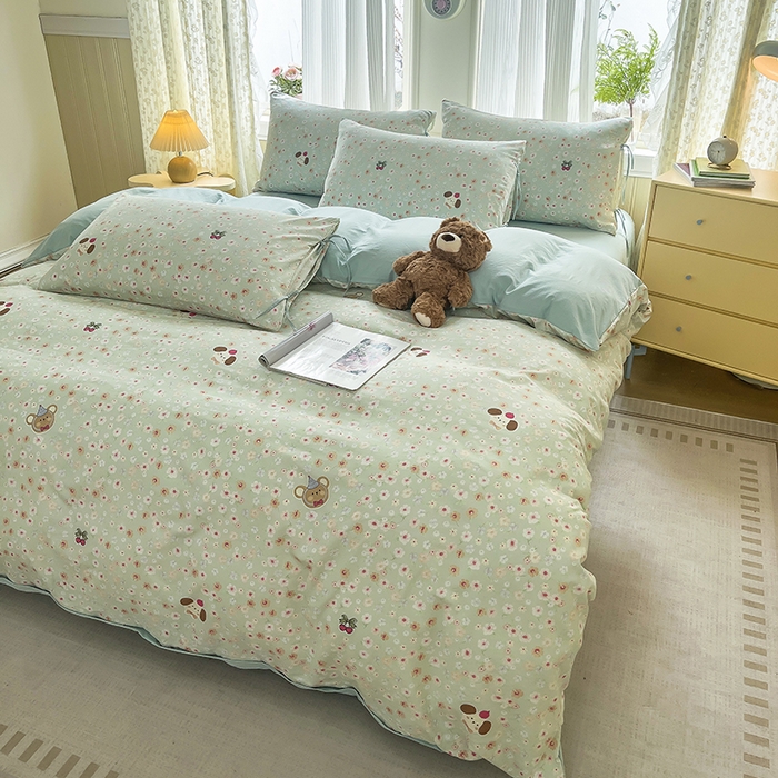 91家纺网 家纺一手货源 找家纺 帛洵家纺 2026新款110g超柔水洗宝宝有氧仿棉四件套（提供买家秀） 春田花花-绿