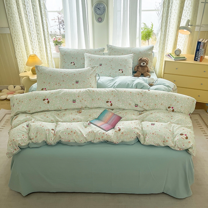 91家纺网 家纺一手货源 找家纺 帛洵家纺 2026新款110g超柔水洗宝宝有氧仿棉四件套（提供买家秀） 春田花花-绿