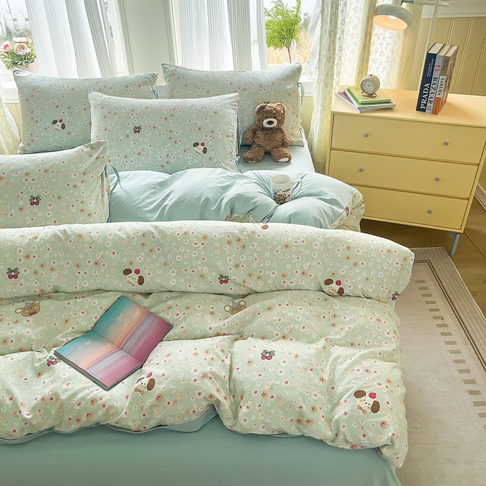 91家纺网 家纺一手货源 找家纺 帛洵家纺 2026新款110g超柔水洗宝宝有氧仿棉四件套（提供买家秀） 春田花花-绿