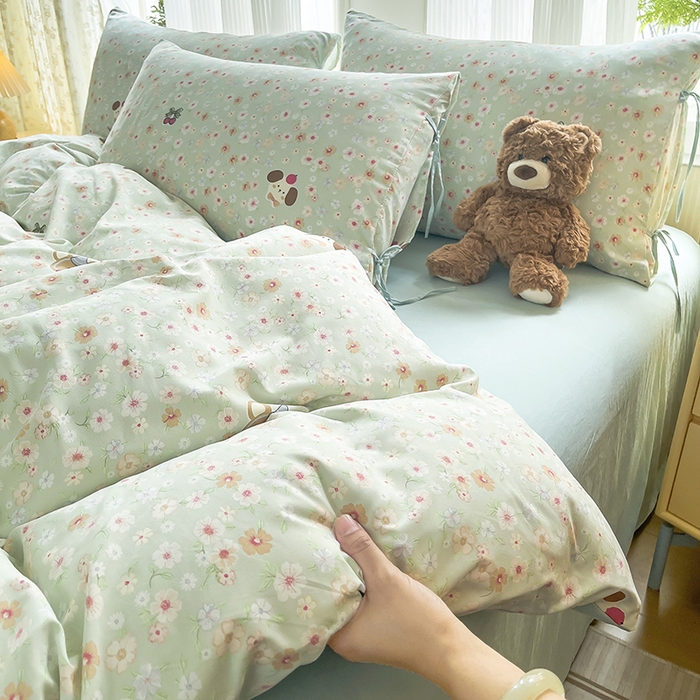 91家纺网 家纺一手货源 找家纺 帛洵家纺 2026新款110g超柔水洗宝宝有氧仿棉四件套（提供买家秀） 春田花花-绿