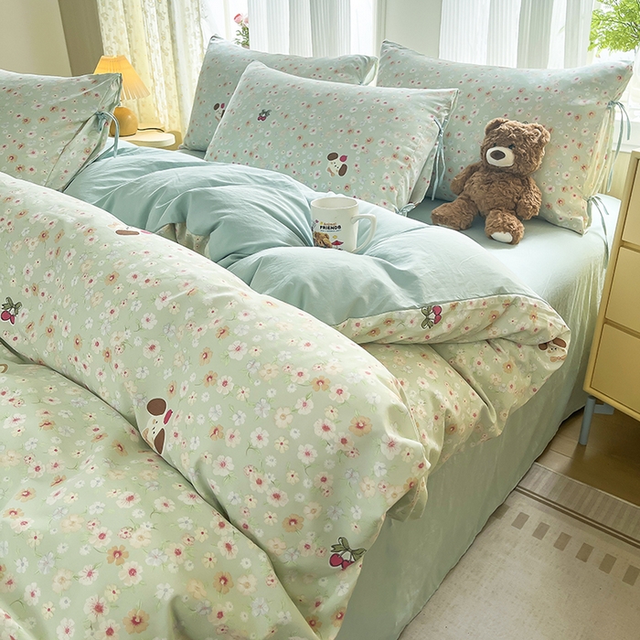 91家纺网 家纺一手货源 找家纺 帛洵家纺 2026新款110g超柔水洗宝宝有氧仿棉四件套（提供买家秀） 春田花花-绿