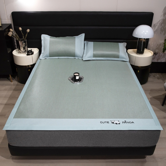 91家纺网 家纺一手货源 找家纺 倾慕家纺 2026新款A类刺绣冰藤席--床席款 刺绣熊猫绿色床席款