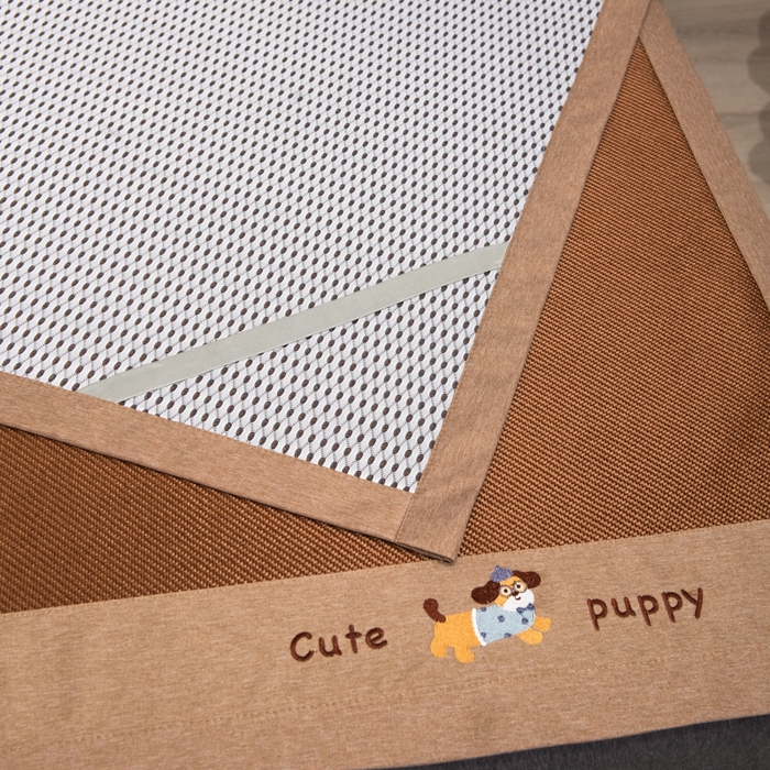 91家纺网 家纺一手货源 找家纺 倾慕家纺 2026新款A类刺绣冰藤席--床席款 刺绣小狗棕色床席款