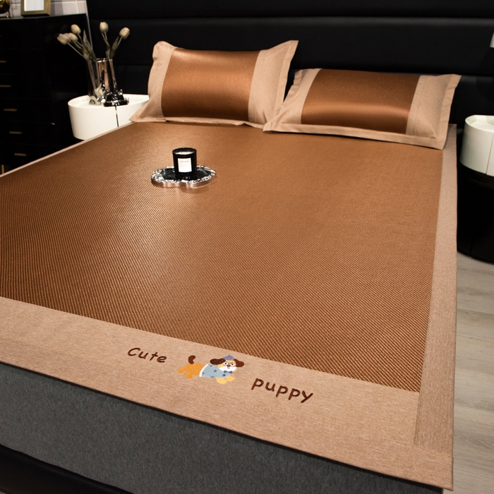 91家纺网 家纺一手货源 找家纺 倾慕家纺 2026新款A类刺绣冰藤席--床席款 刺绣小狗棕色床席款