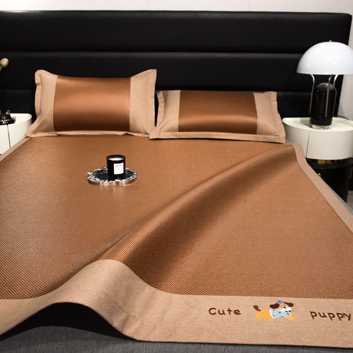 91家纺网 家纺一手货源 找家纺 倾慕家纺 2026新款A类刺绣冰藤席--床席款 刺绣小狗棕色床席款