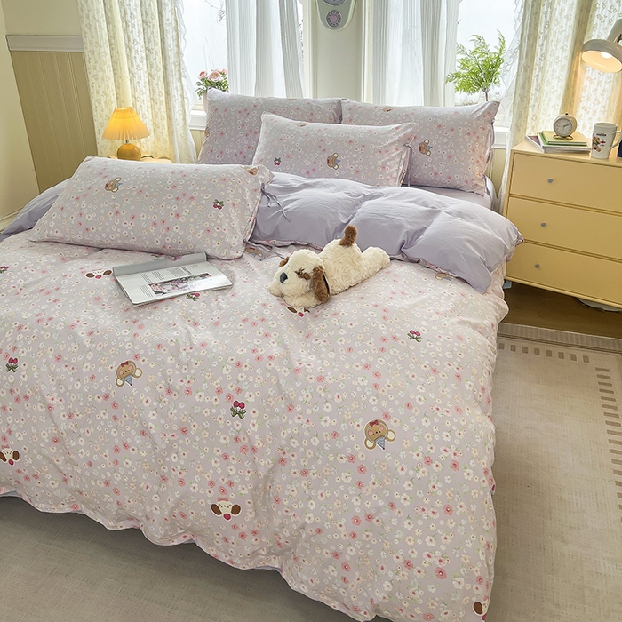 91家纺网 家纺一手货源 找家纺 帛洵家纺 2026新款110g超柔水洗宝宝有氧仿棉四件套（提供买家秀） 春田花花-紫