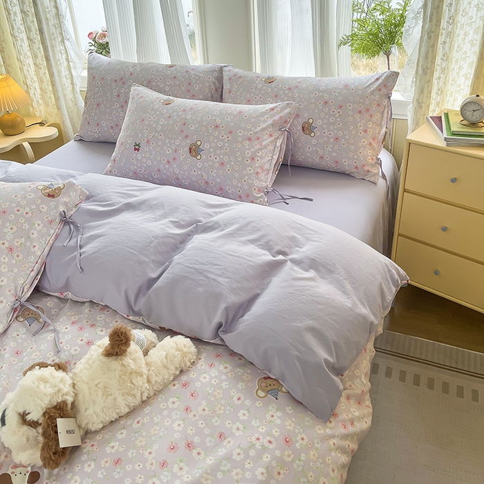 91家纺网 家纺一手货源 找家纺 帛洵家纺 2026新款110g超柔水洗宝宝有氧仿棉四件套（提供买家秀） 春田花花-紫