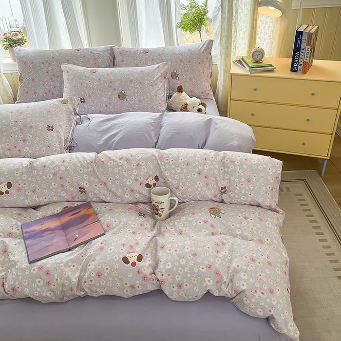 91家纺网 家纺一手货源 找家纺 帛洵家纺 2026新款110g超柔水洗宝宝有氧仿棉四件套（提供买家秀） 春田花花-紫