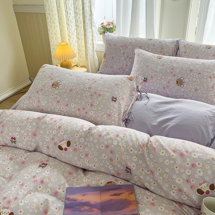 91家纺网 家纺一手货源 找家纺 帛洵家纺 2026新款110g超柔水洗宝宝有氧仿棉四件套（提供买家秀） 春田花花-紫