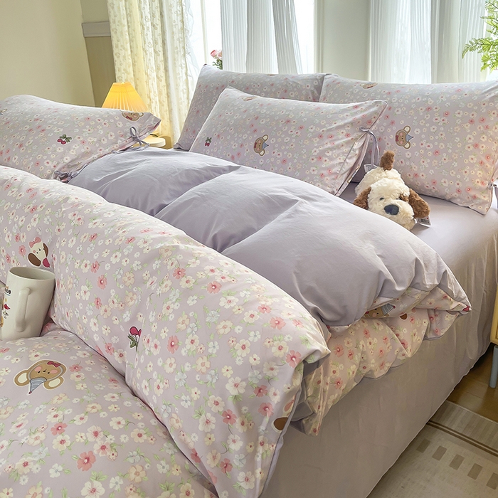 91家纺网 家纺一手货源 找家纺 帛洵家纺 2026新款110g超柔水洗宝宝有氧仿棉四件套（提供买家秀） 春田花花-紫