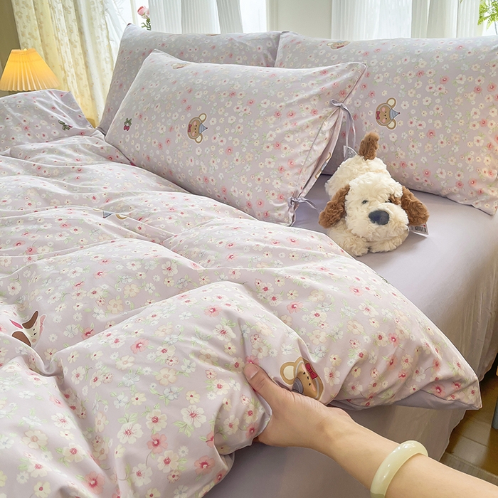 91家纺网 家纺一手货源 找家纺 帛洵家纺 2026新款110g超柔水洗宝宝有氧仿棉四件套（提供买家秀） 春田花花-紫