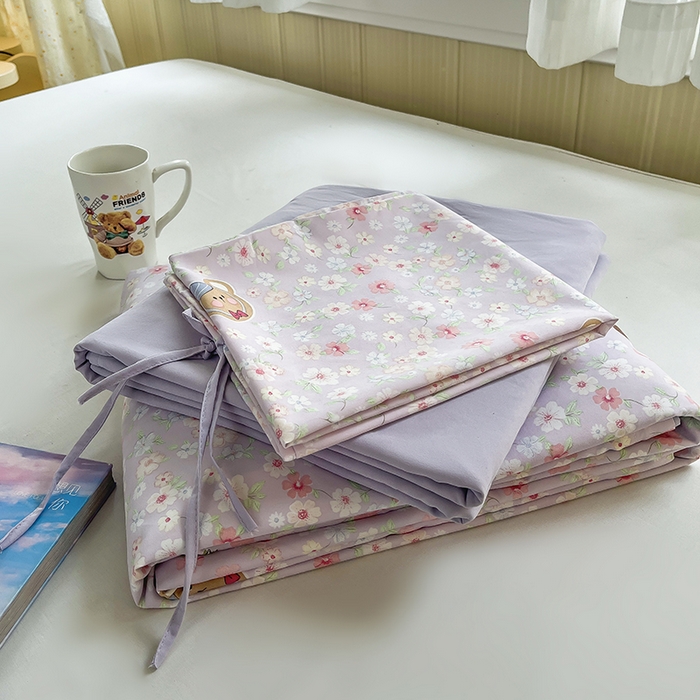 91家纺网 家纺一手货源 找家纺 帛洵家纺 2026新款110g超柔水洗宝宝有氧仿棉四件套（提供买家秀） 春田花花-紫