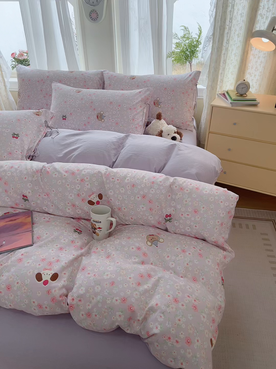 91家纺网 家纺一手货源 找家纺 帛洵家纺 2026新款110g超柔水洗宝宝有氧仿棉四件套（提供买家秀） 春田花花-紫