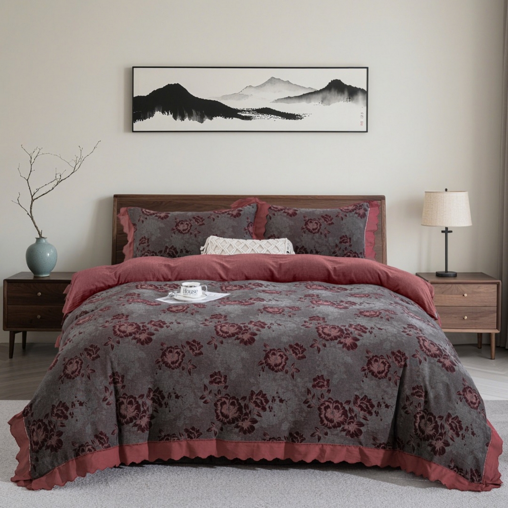 91家纺网 家纺一手货源 找家纺 （总）双层纱家居 2026新款法式花边全棉纯棉色织提花双层纱四件套