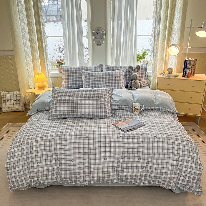 91家纺网 家纺一手货源 找家纺 帛洵家纺 2026新款110g超柔水洗宝宝有氧仿棉四件套（提供买家秀） 千鸟格格