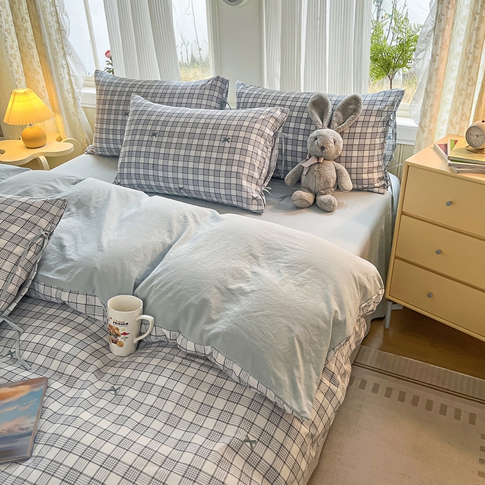 91家纺网 家纺一手货源 找家纺 帛洵家纺 2026新款110g超柔水洗宝宝有氧仿棉四件套（提供买家秀） 千鸟格格