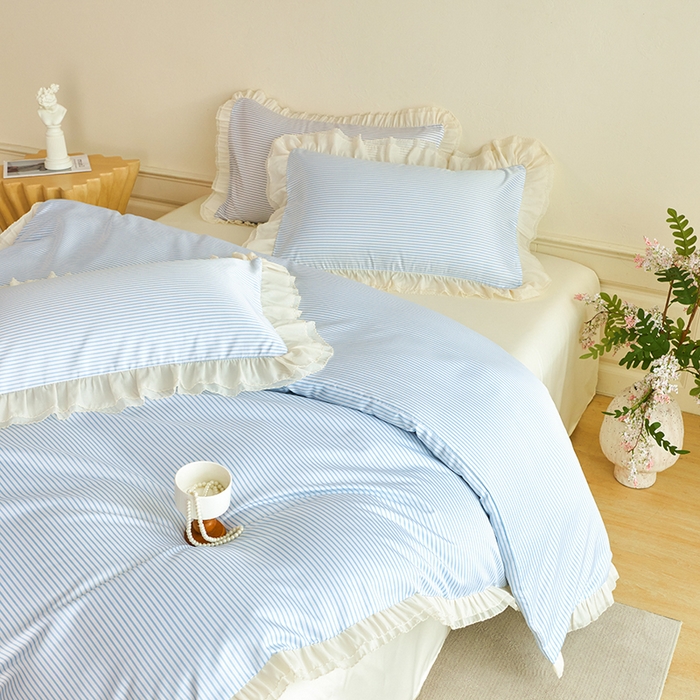 91家纺网 家纺一手货源 找家纺 （总）老K (原美阁） 2026新款条纹冰丝四件套双层花边雪纺水洗真丝四件套