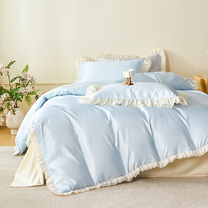 91家纺网 家纺一手货源 找家纺 （总）老K (原美阁） 2026新款条纹冰丝四件套双层花边雪纺水洗真丝四件套