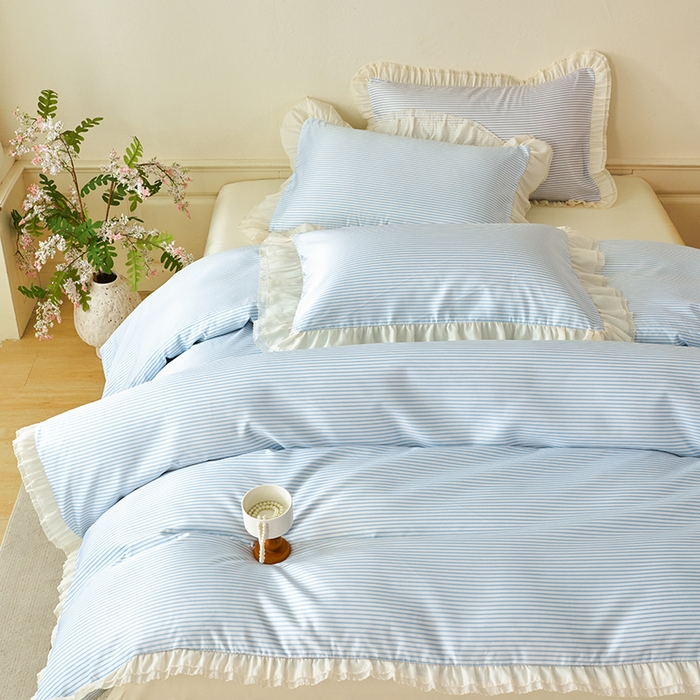 91家纺网 家纺一手货源 找家纺 （总）老K (原美阁） 2026新款条纹冰丝四件套双层花边雪纺水洗真丝四件套