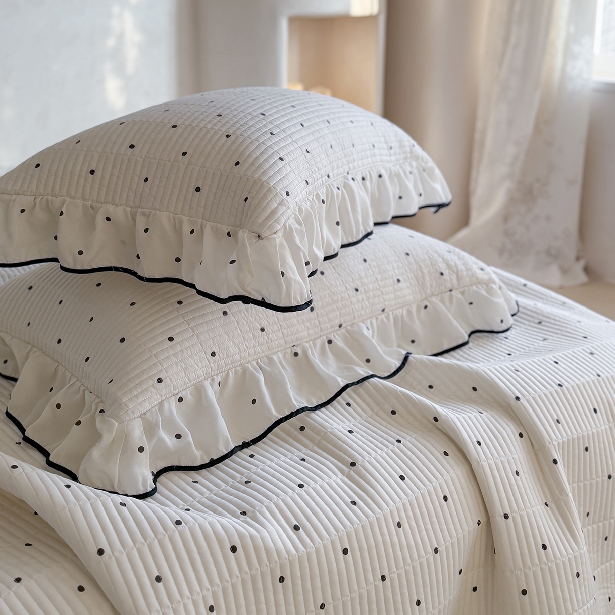 91家纺网 家纺一手货源 找家纺 琳可家居 2026新款波点天丝系列花边款100%莱赛尔纤维天丝床盖可机洗A类床盖三件 香草白