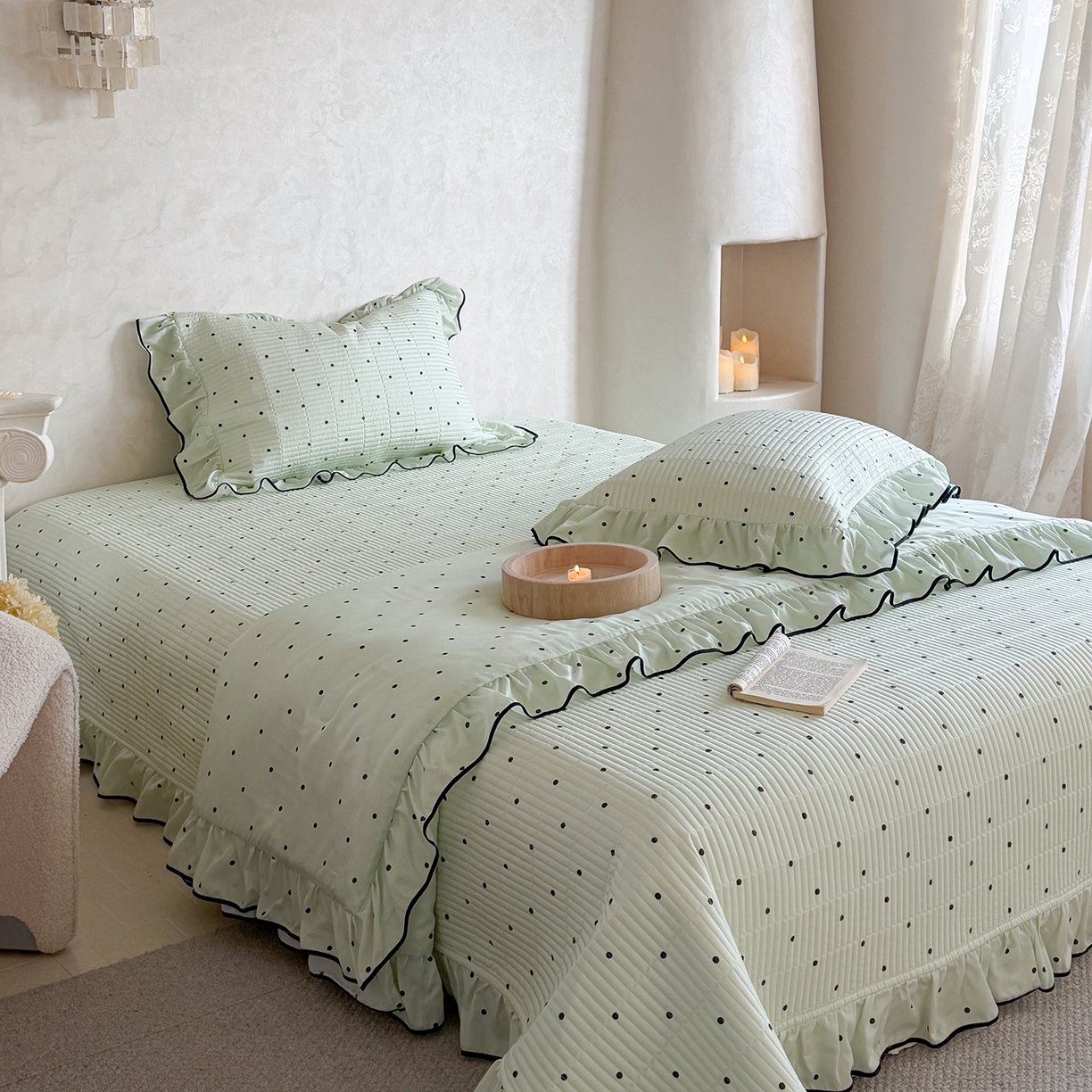 91家纺网 家纺一手货源 找家纺 （总）琳可家居 2026新款波点天丝系列花边款100%莱赛尔纤维天丝床盖可机洗A类床盖三件