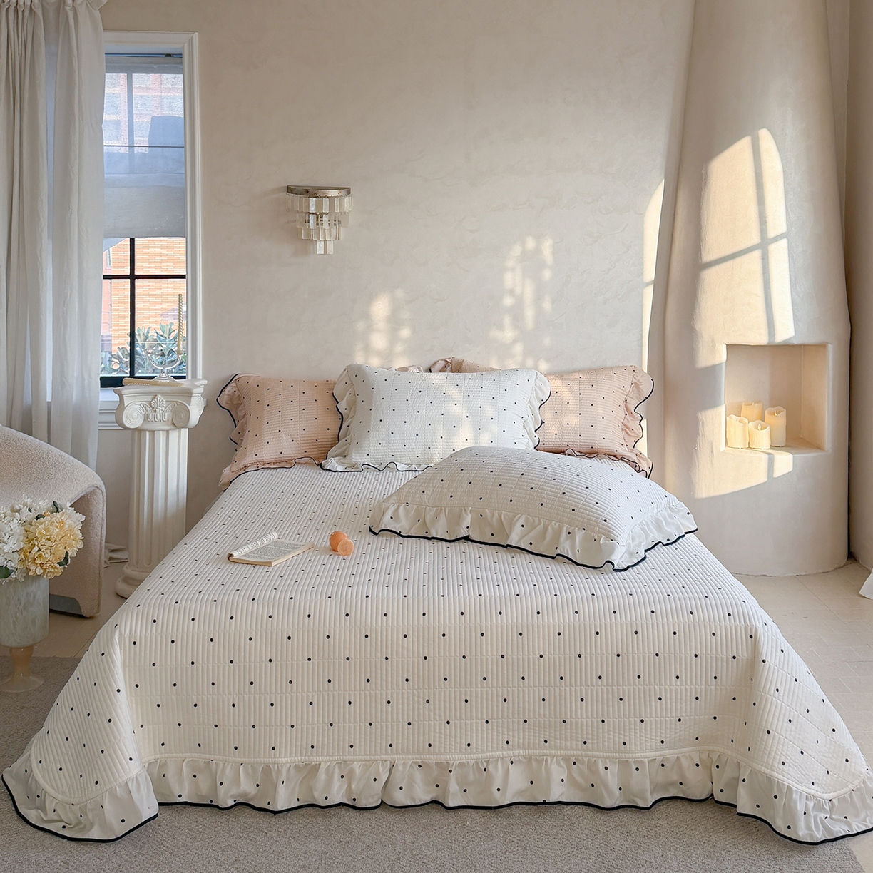91家纺网 家纺一手货源 找家纺 琳可家居 2026新款波点天丝系列花边款100%莱赛尔纤维天丝床盖可机洗A类床盖三件 香草白