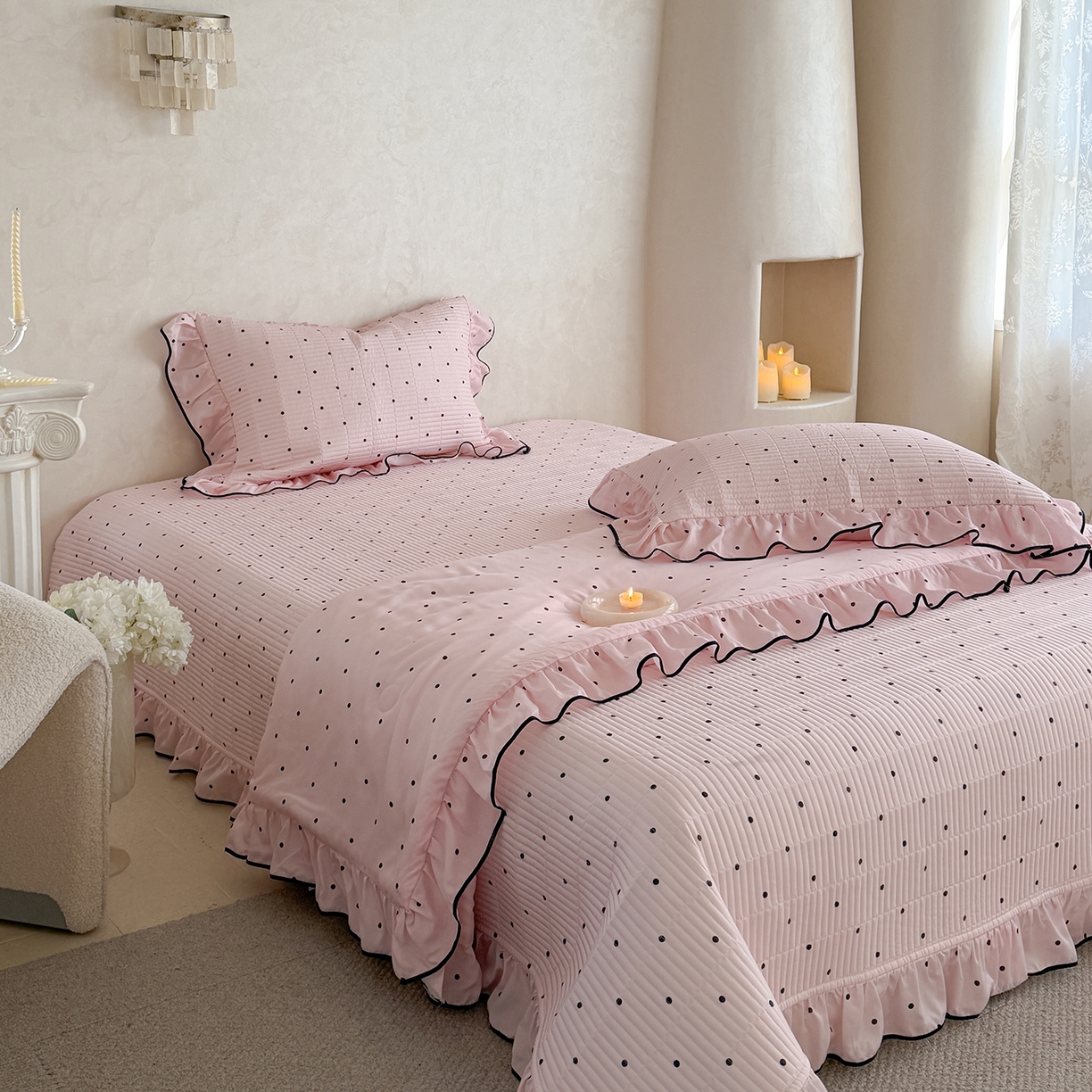 琳可家居 2026新款波点天丝系列花边款100%莱赛尔纤维天丝床盖可机洗A类床盖三件 奶油粉