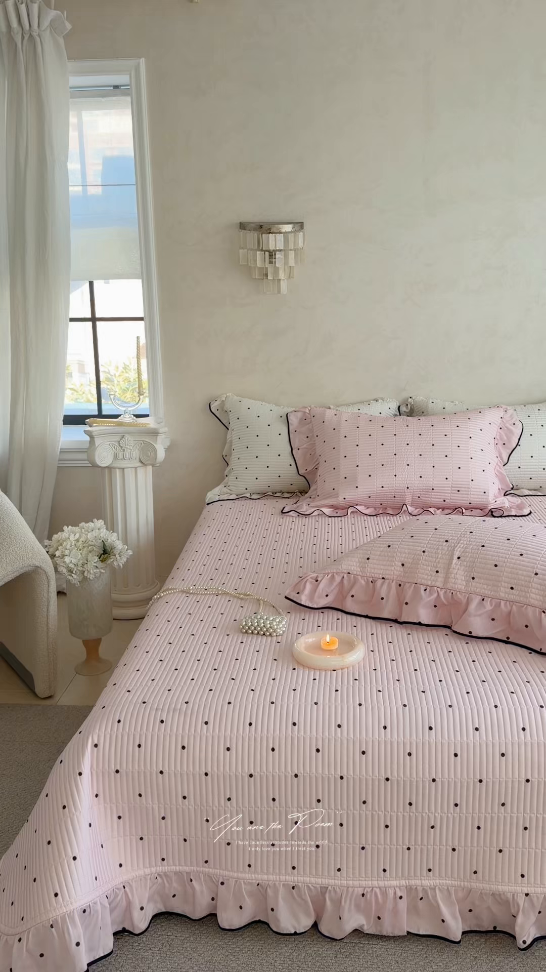 91家纺网 家纺一手货源 找家纺 琳可家居 2026新款波点天丝系列花边款100%莱赛尔纤维天丝床盖可机洗A类床盖三件 奶油粉