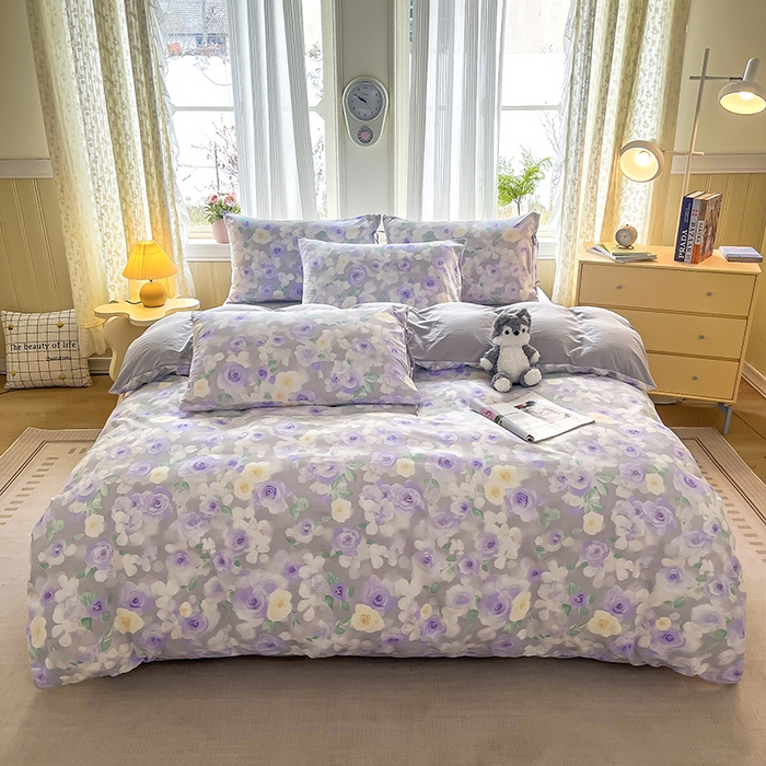 91家纺网 家纺一手货源 找家纺 帛洵家纺 2026新款110g超柔水洗宝宝有氧仿棉四件套（提供买家秀） 惬意午后-紫