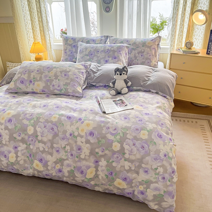 91家纺网 家纺一手货源 找家纺 帛洵家纺 2026新款110g超柔水洗宝宝有氧仿棉四件套（提供买家秀） 惬意午后-紫