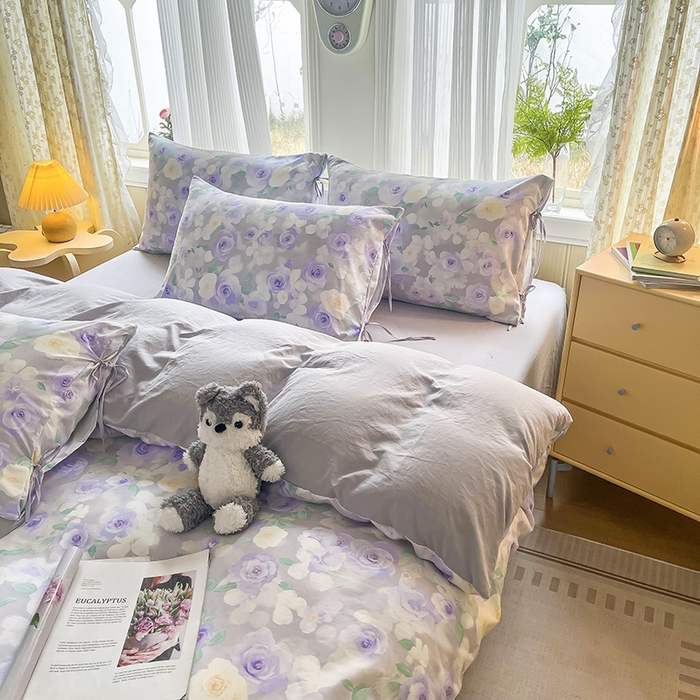 91家纺网 家纺一手货源 找家纺 帛洵家纺 2026新款110g超柔水洗宝宝有氧仿棉四件套（提供买家秀） 惬意午后-紫