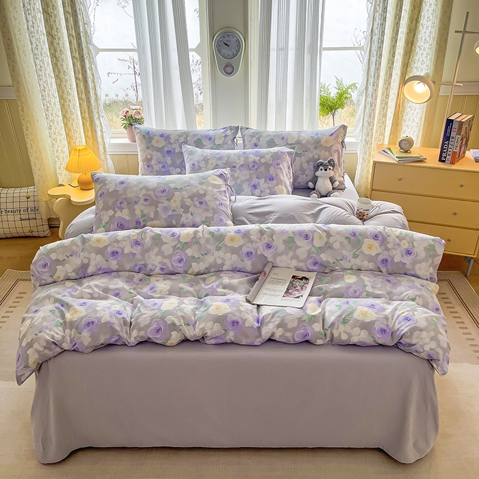 91家纺网 家纺一手货源 找家纺 帛洵家纺 2026新款110g超柔水洗宝宝有氧仿棉四件套（提供买家秀） 惬意午后-紫