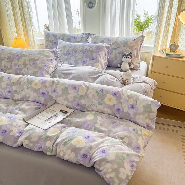 91家纺网 家纺一手货源 找家纺 帛洵家纺 2026新款110g超柔水洗宝宝有氧仿棉四件套（提供买家秀） 惬意午后-紫