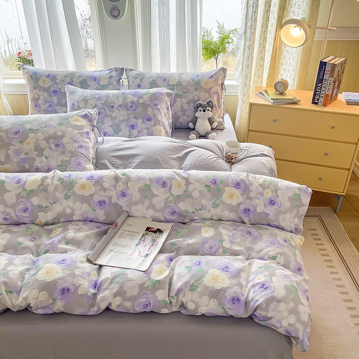 91家纺网 家纺一手货源 找家纺 帛洵家纺 2026新款110g超柔水洗宝宝有氧仿棉四件套（提供买家秀） 惬意午后-紫